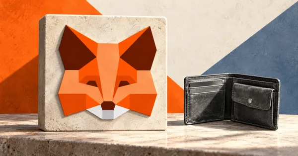 Large official orange MetaMask fox emblem on an ivory stone sign beside an unbranded greyscale open leather wallet, with orange and slate-blue background panels.