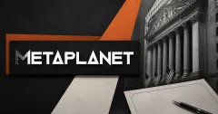 Large official white Metaplanet wordmark on a black sign beside an unbranded greyscale U.S. capital-markets building and blank transaction document across charcoal, orange and cream editorial panels.