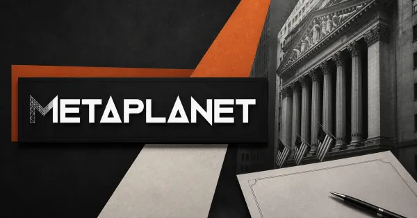 Large official white Metaplanet wordmark on a black sign beside an unbranded greyscale U.S. capital-markets building and blank transaction document across charcoal, orange and cream editorial panels.
