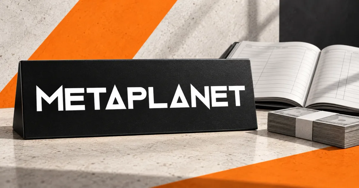 Large official white METAPLANET wordmark on a black treasury desk sign beside an unbranded greyscale open ledger and plain banknote bundle, against orange, charcoal and off-white editorial panels.