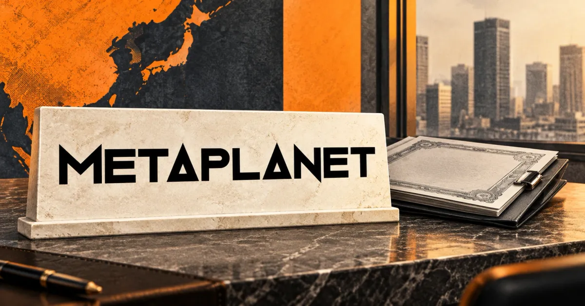 Large official black METAPLANET wordmark on an off-white limestone treasury desk sign beside an unbranded greyscale bond-document folder with a metal clasp, against orange and charcoal panels.