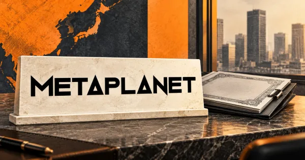 Large official black METAPLANET wordmark on an off-white limestone treasury desk sign beside an unbranded greyscale bond-document folder with a metal clasp, against orange and charcoal panels.