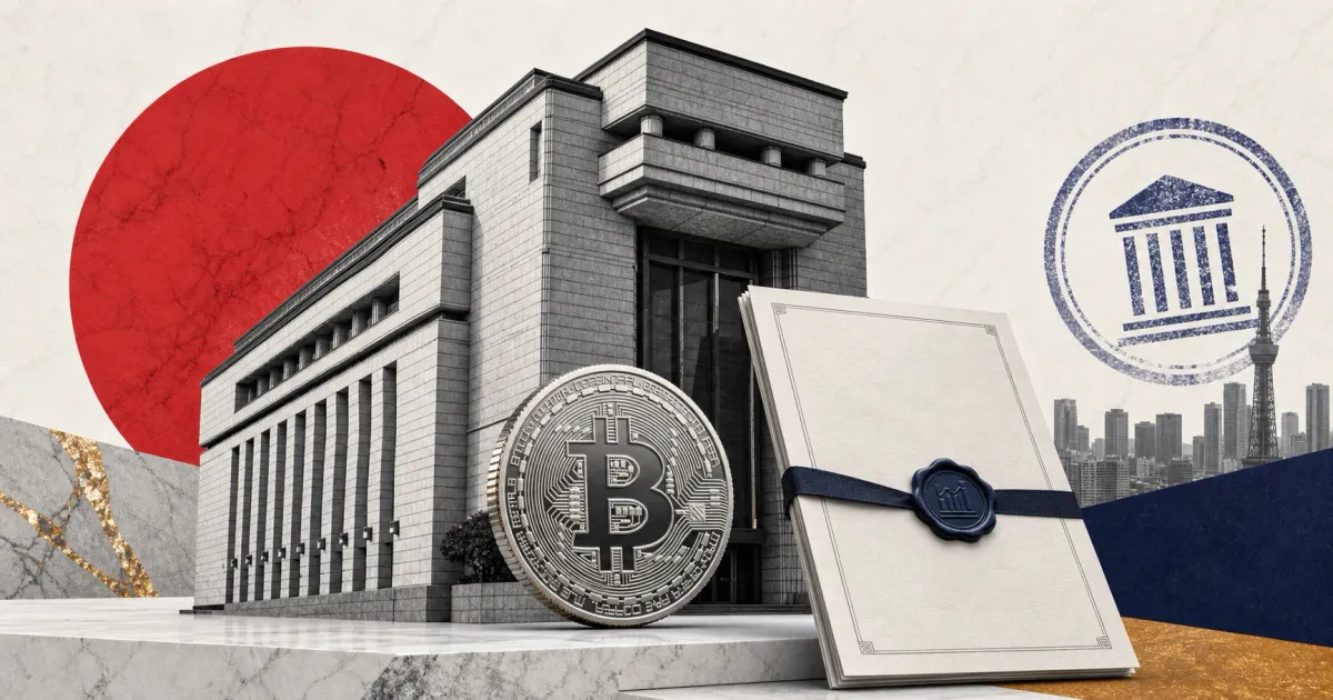 Greyscale Japanese securities building, Bitcoin coin and acquisition papers on red, indigo and off-white editorial panels for Metaplanet's Siiibo Securities acquisition