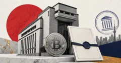 Greyscale Japanese securities building, Bitcoin coin and acquisition papers on red, indigo and off-white editorial panels for Metaplanet's Siiibo Securities acquisition