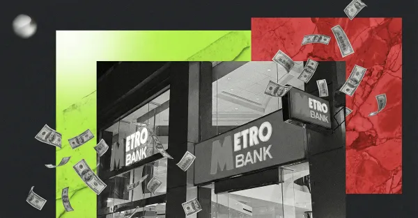 Metro Bank branch with U.S. dollar bills flying around on green and red blocks, illustrating cash outflows and stress at the bank