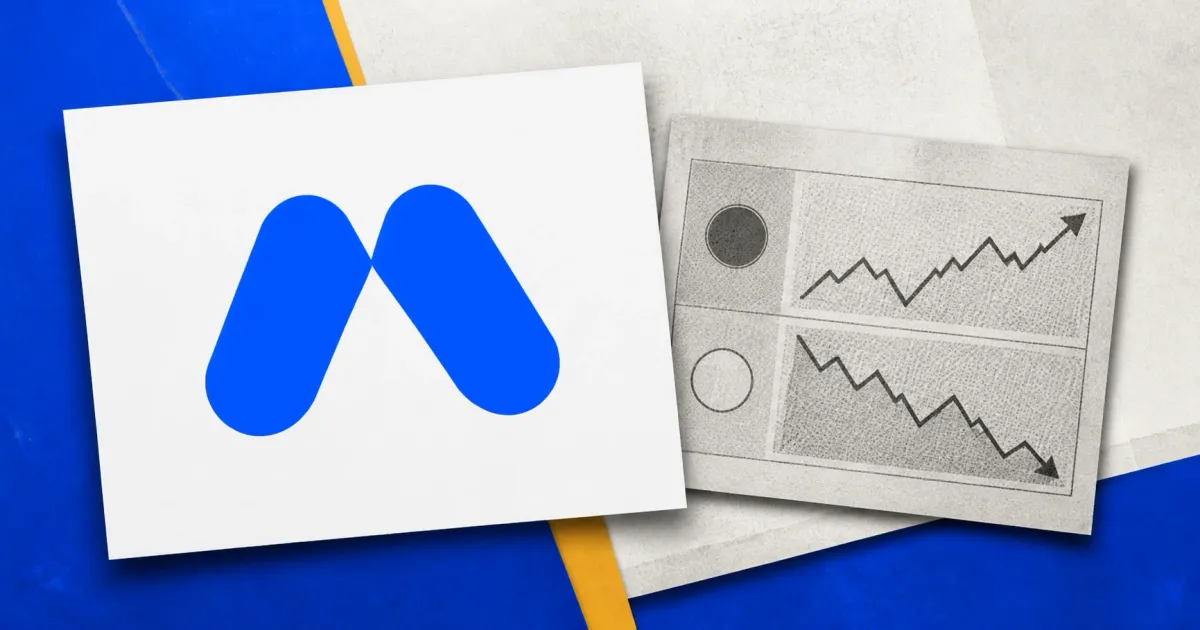 Large official blue MEXC mark on a white card beside a greyscale unbranded prediction-market ballot with upward and downward lines on a blue, amber and off-white editorial background.