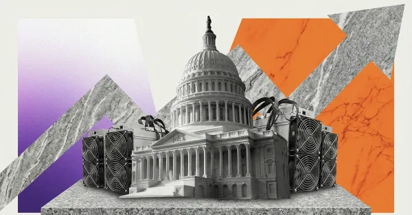 U.S. Capitol building surrounded by Bitcoin mining rigs, representing crypto mining regulation, government policy, and oversight of mining operations in the United States