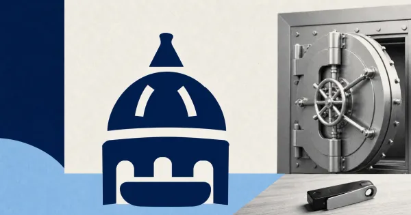 Official Minnesota Capitol icon in dark navy beside a greyscale bank vault door and an unbranded hardware custody device on blue and off-white editorial panels.