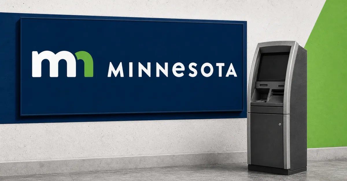 The official State of Minnesota wordmark on a large navy sign beside a greyscale, unbranded cryptocurrency kiosk with a blank dark screen.