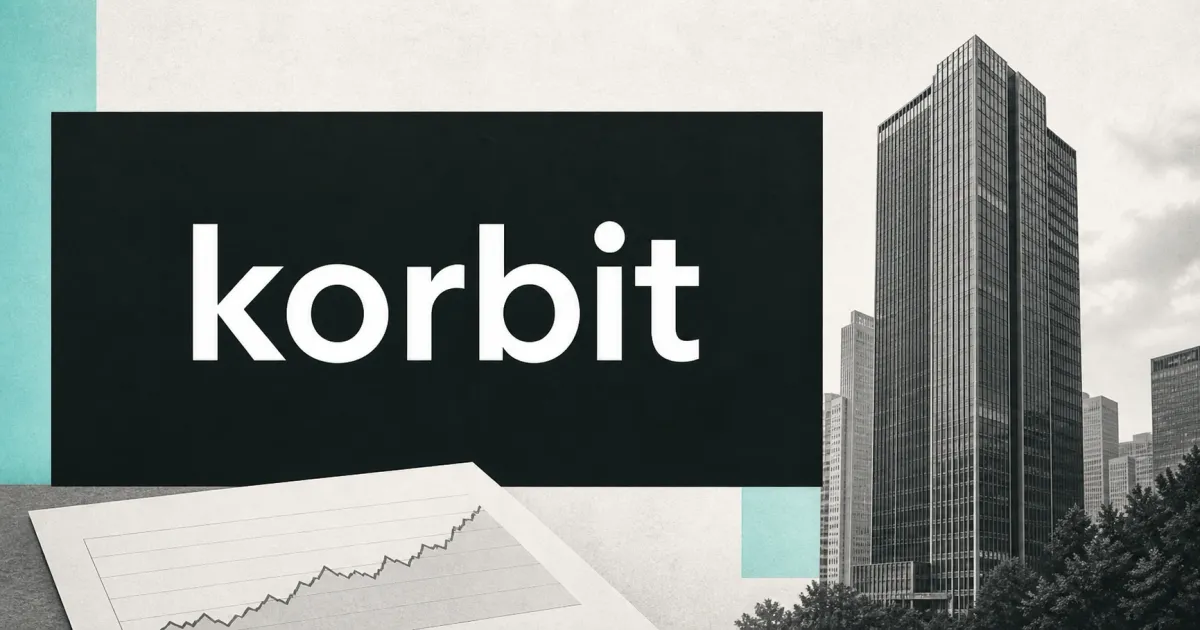 Large official white korbit wordmark on a dark editorial sign panel beside a greyscale Seoul office tower and an unbranded rising-chart document on an off-white and mint background.