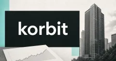 Large official white korbit wordmark on a dark editorial sign panel beside a greyscale Seoul office tower and an unbranded rising-chart document on an off-white and mint background.