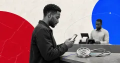 Greyscale customer using a smartphone at a payment counter with a dollar stablecoin token and Stellar-style orbit on red and blue editorial panels