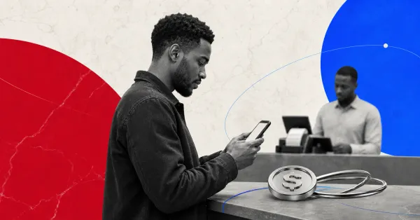 Greyscale customer using a smartphone at a payment counter with a dollar stablecoin token and Stellar-style orbit on red and blue editorial panels
