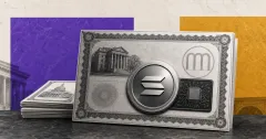 Greyscale Moody's credit report embedded in a Solana tokenized bond certificate on violet and gold editorial panels.