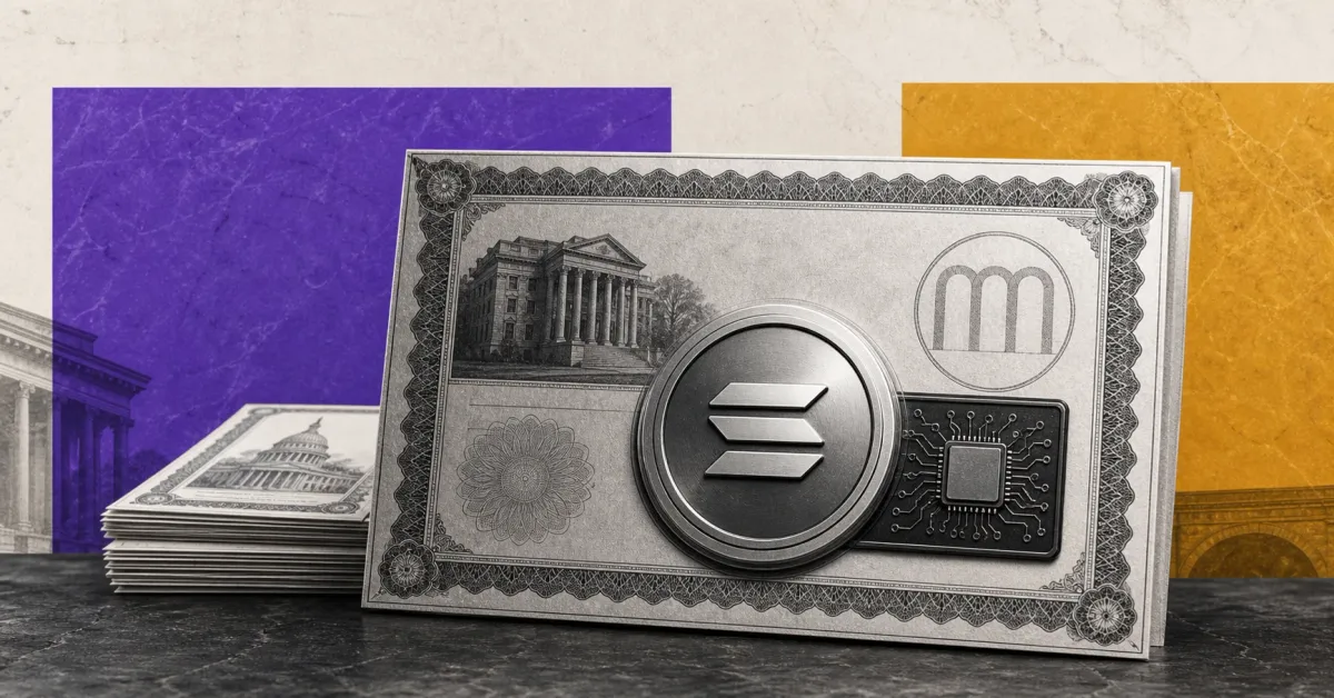 Greyscale Moody's credit report embedded in a Solana tokenized bond certificate on violet and gold editorial panels.