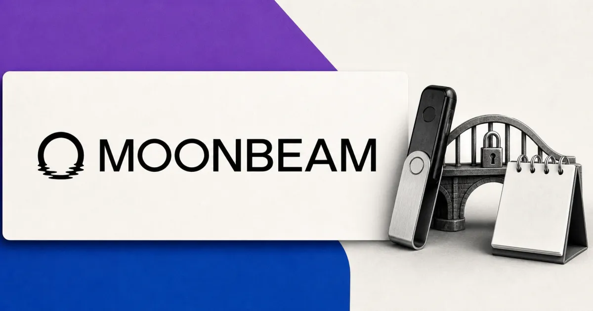 Large official black Moonbeam wordmark and ripple-circle logo on an off-white plaque, beside a greyscale hardware wallet, bridge lock and blank calendar against purple and cobalt editorial panels.