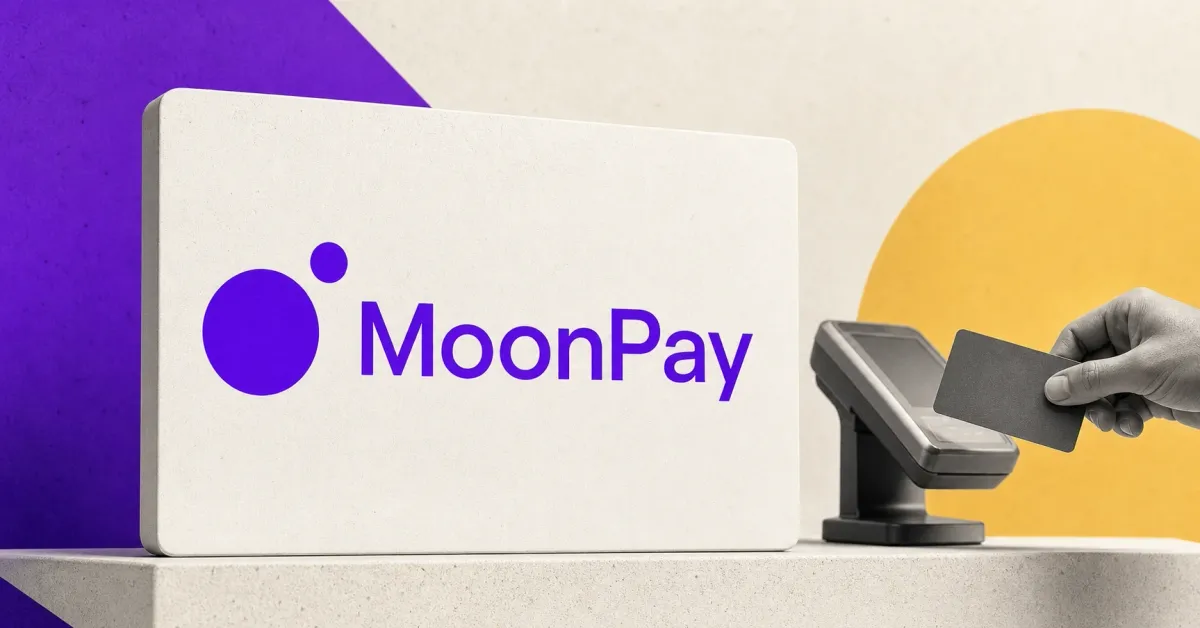 Large official purple MoonPay wordmark on a white editorial plaque beside a greyscale unbranded payment card and checkout terminal, set against violet and gold panels.