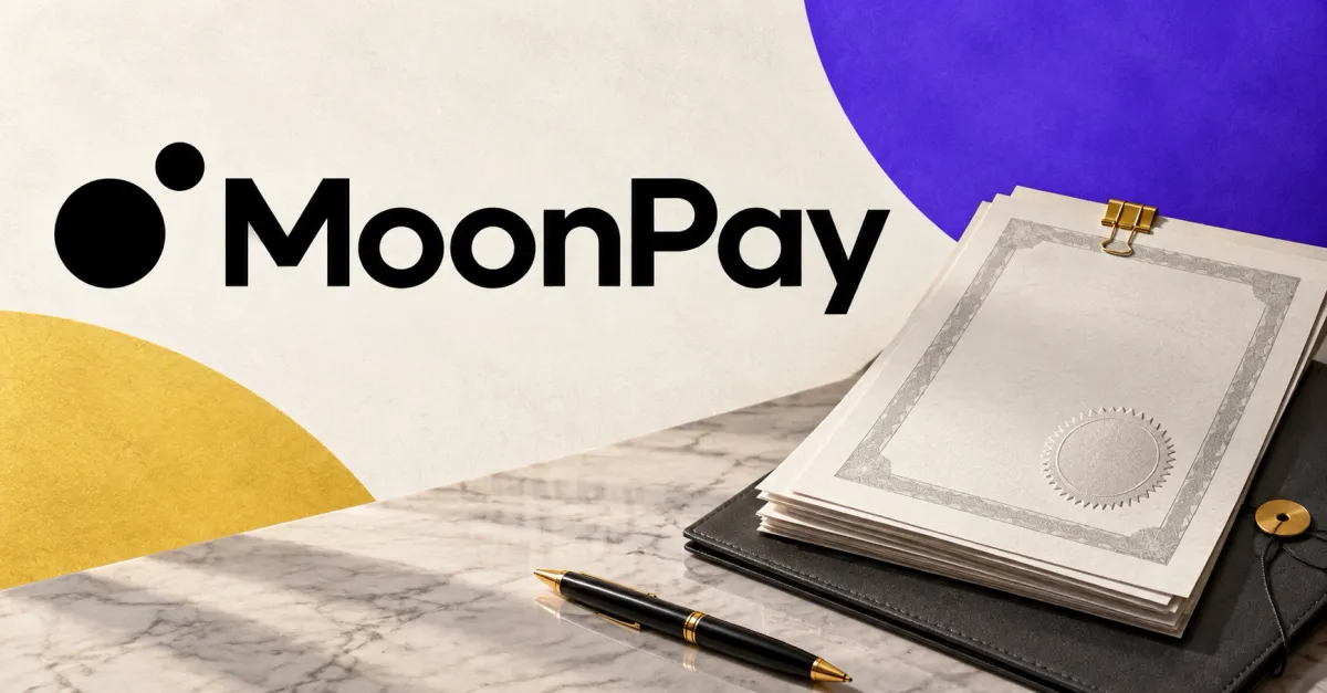 Large black official MoonPay logo beside an unbranded greyscale private-securities document on an off-white desk with violet and gold panels.