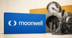 Large official Moonwell white wordmark and crescent mark on a blue signboard beside a greyscale unbranded lending vault, price gauge and emergency stop lever on off-white and amber editorial panels.