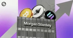 Morgan Stanley building topped with Bitcoin, Ethereum, and Solana coins and an upward arrow, illustrating bank expansion into crypto investing.