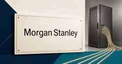 Morgan Stanley wordmark on a large off-white institutional plaque beside a greyscale validator server with glowing cables.