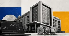 Greyscale financial-district building, market screen and Bitcoin, Ether and Solana coins over cobalt blue and amber editorial panels.