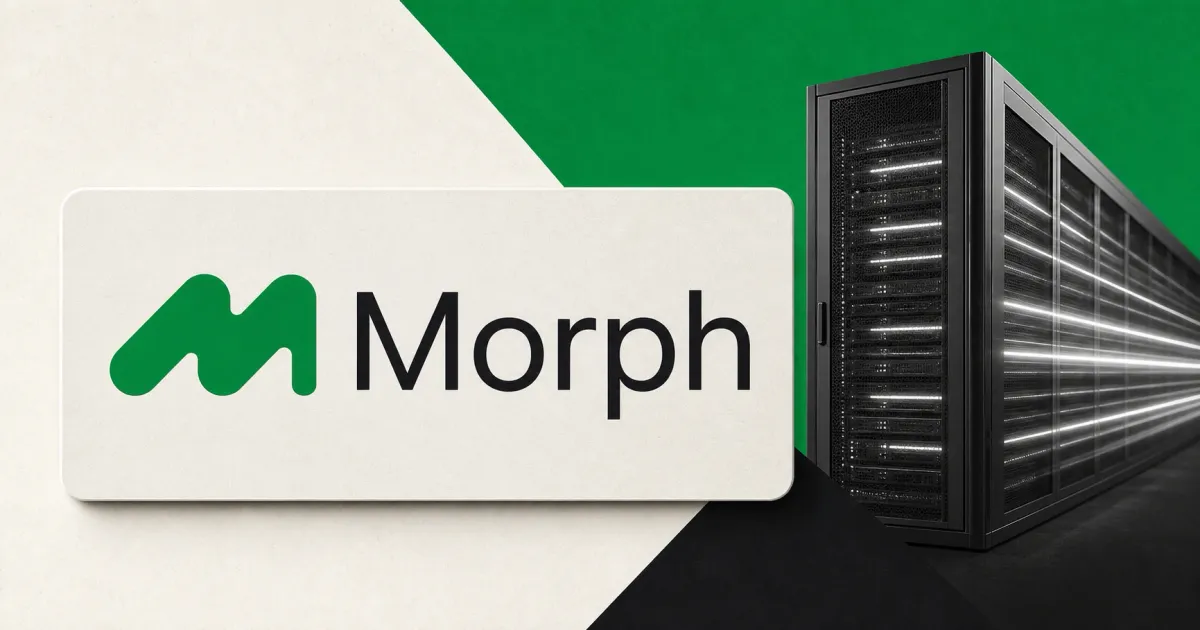 Official Morph wordmark on a large white plaque beside an unbranded greyscale trading server rack on green and charcoal editorial panels.