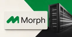 Official Morph wordmark on a large white plaque beside an unbranded greyscale trading server rack on green and charcoal editorial panels.
