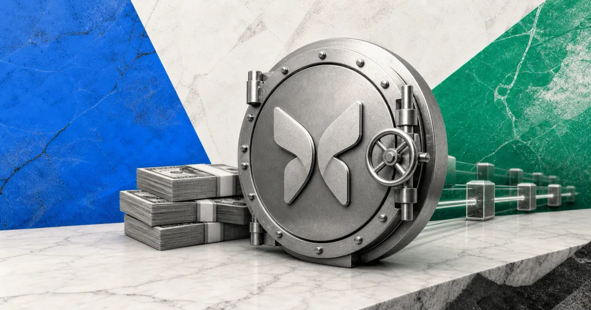 Greyscale institutional credit vault, Morpho-style abstract mark and dollar rails on blue and green editorial panels representing Morpho's $175 million DeFi credit funding round.