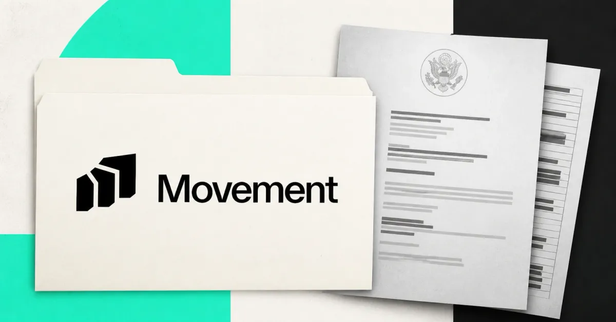 Official black Movement logo on a large off-white filing folder beside a greyscale court filing and ledger sheets against mint-green, off-white and charcoal editorial panels