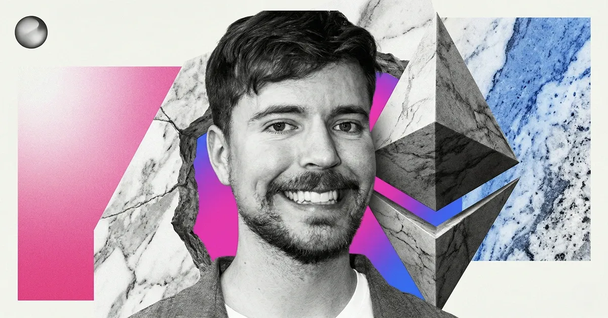 Portrait of MrBeast with Ethereum logo and marble geometric shapes, symbolizing blockchain innovation and crypto technology