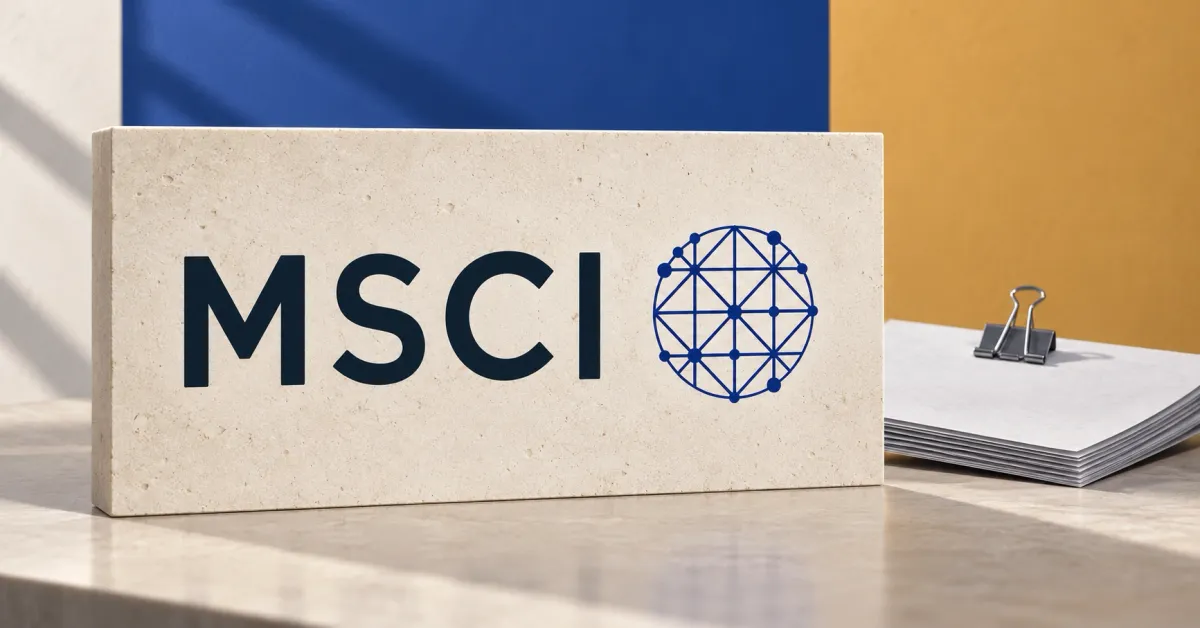 Large official navy MSCI wordmark and blue network globe on a pale limestone desk sign beside a smaller unbranded greyscale blank financial filing with a steel binder clip, against cobalt and ochre panels.