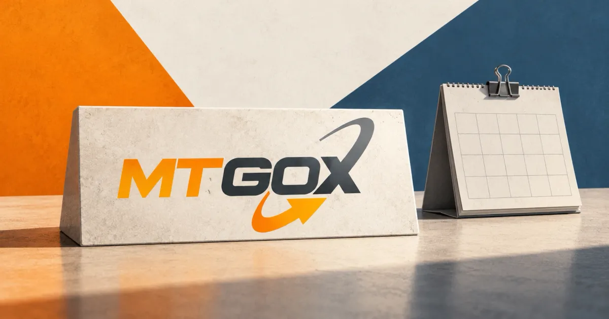Large official orange and dark MTGOX wordmark with its integral arrow and swoosh on an off-white stone sign beside a smaller unbranded greyscale blank calendar with a steel binder clip, against orange and slate-blue panels.