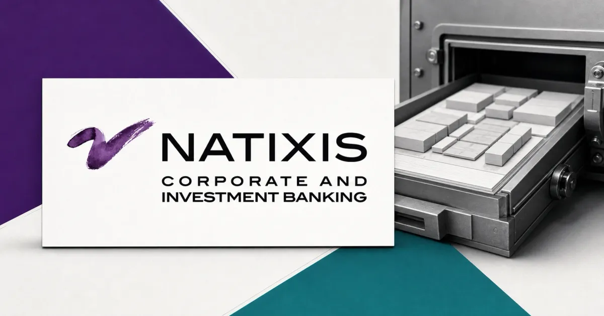 Large official Natixis Corporate and Investment Banking logo on a white plaque beside a greyscale secure settlement-ledger tray, set against purple and teal editorial panels.