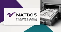 Large official Natixis Corporate and Investment Banking logo on a white plaque beside a greyscale secure settlement-ledger tray, set against purple and teal editorial panels.