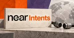 Large official black and orange near Intents wordmark on an off-white stone sign beside an unbranded greyscale disconnected data-transfer connector, with orange and slate-purple panels and a faint world map behind.