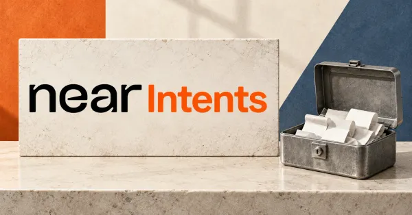 Large official black and orange near Intents wordmark on an off-white stone plaque beside an unbranded greyscale open metal cashbox containing blank transaction receipts, against orange and slate-blue editorial panels.