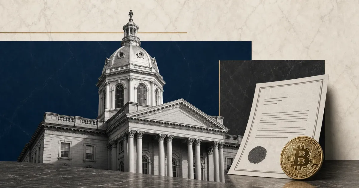 Greyscale New Hampshire State House, proposed bond document and gold Bitcoin coin on navy, granite and off-white editorial panels.
