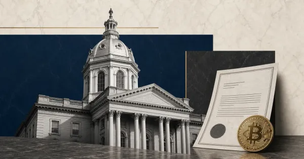 Greyscale New Hampshire State House, proposed bond document and gold Bitcoin coin on navy, granite and off-white editorial panels.