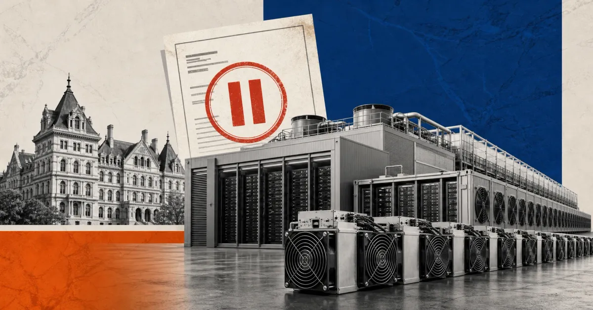Greyscale New York State Capitol and Bitcoin mining data center beside a permit-pause symbol on cobalt blue, orange and off-white editorial panels.