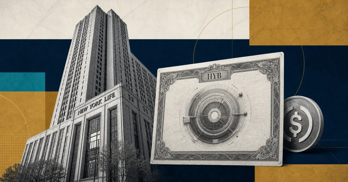 Greyscale New York Life building beside an HYB high-yield bond certificate and USDC coin on navy, gold and teal editorial panels.