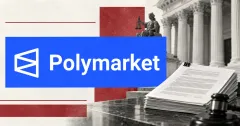Large official white Polymarket wordmark on a vivid blue plaque beside an unbranded greyscale court filing and courthouse.