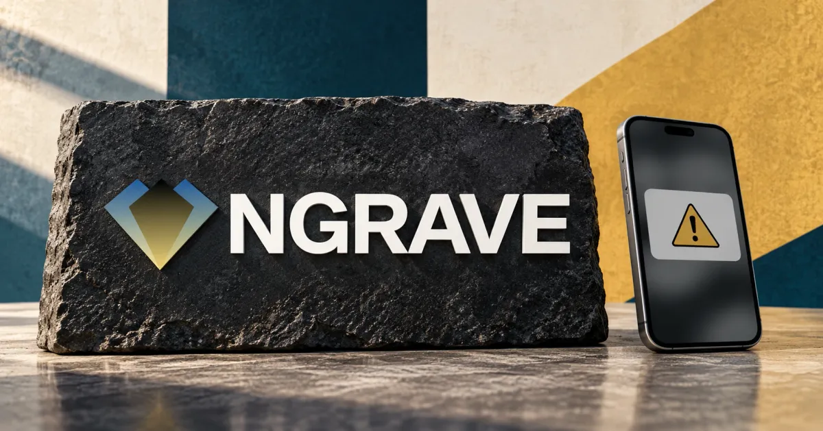 One large official NGRAVE gradient symbol and white wordmark on a charcoal stone sign beside a smaller unbranded greyscale smartphone with a blank alert, against teal and ochre panels.