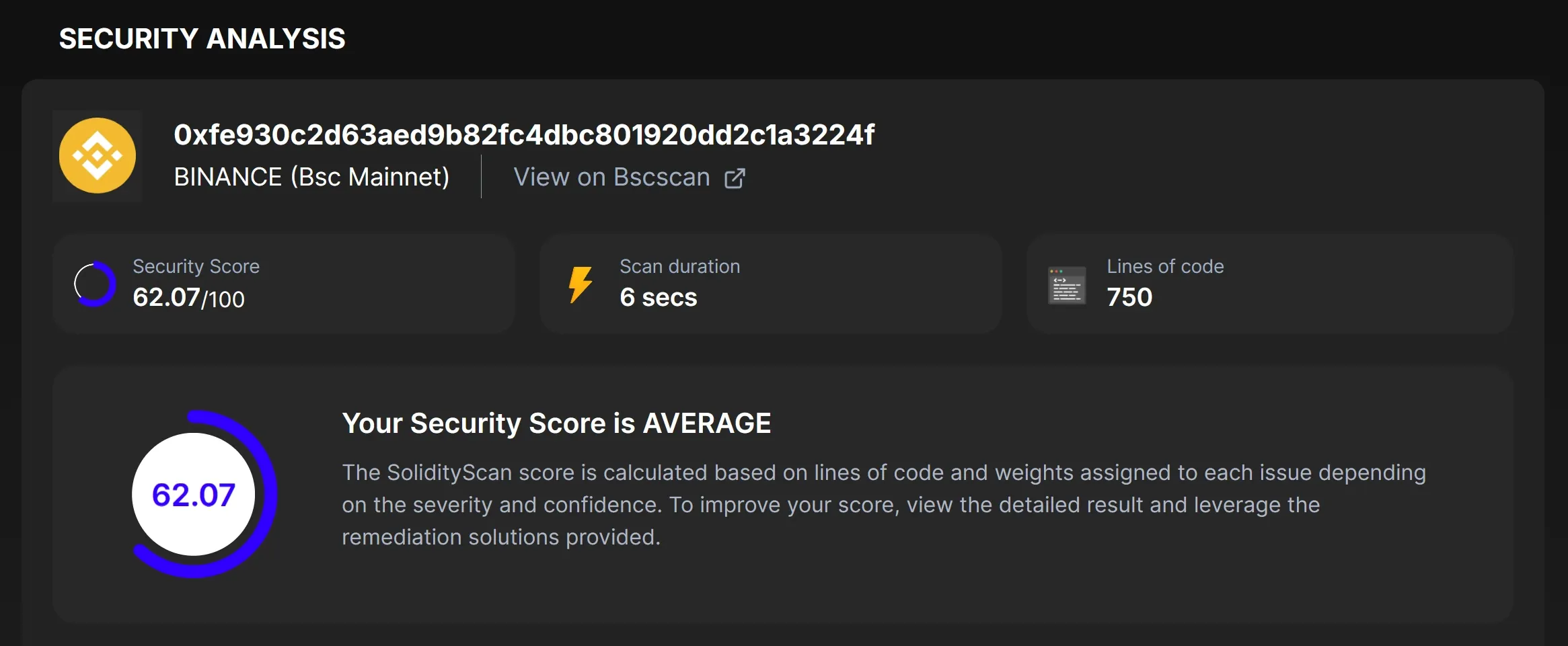 SolidityScan security assessment highlights for the NIGHT token contract on BNB Chain