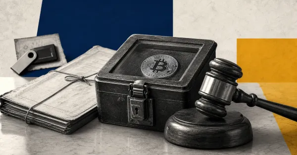 Greyscale court docket, judge gavel and Bitcoin coin on navy and gold editorial panels, representing the Noah Doe dormant Bitcoin wallet lawsuit