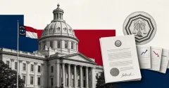 Greyscale North Carolina State Capitol, state flag, legislative document and prediction-market contracts on navy, red and off-white editorial panels.