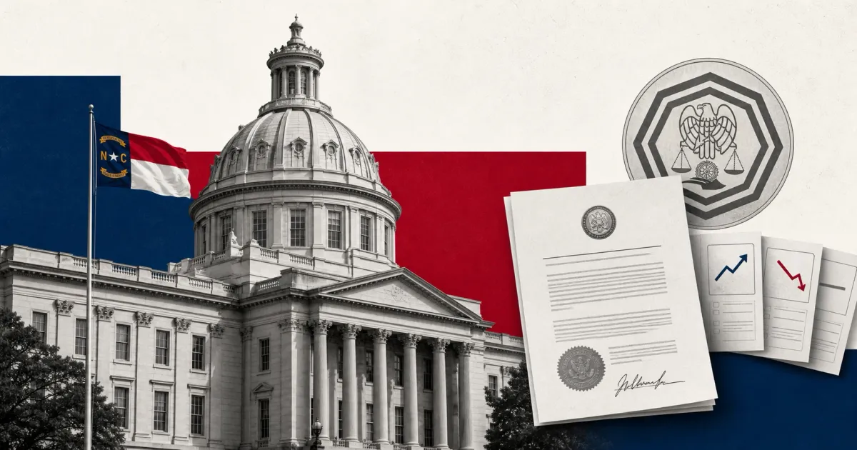 Greyscale North Carolina State Capitol, state flag, legislative document and prediction-market contracts on navy, red and off-white editorial panels.