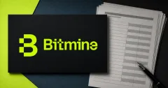 Large official neon-lime Bitmine logo on a black plaque beside a greyscale unbranded institutional holdings disclosure and fountain pen.