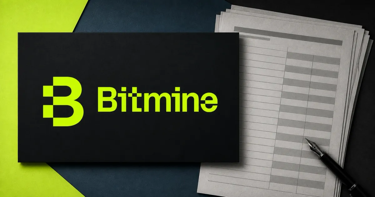 Large official neon-lime Bitmine logo on a black plaque beside a greyscale unbranded institutional holdings disclosure and fountain pen.