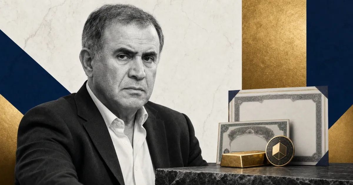 Greyscale Nouriel Roubini beside a tokenized investment fund certificate and gold reserve assets on navy and gold editorial panels.